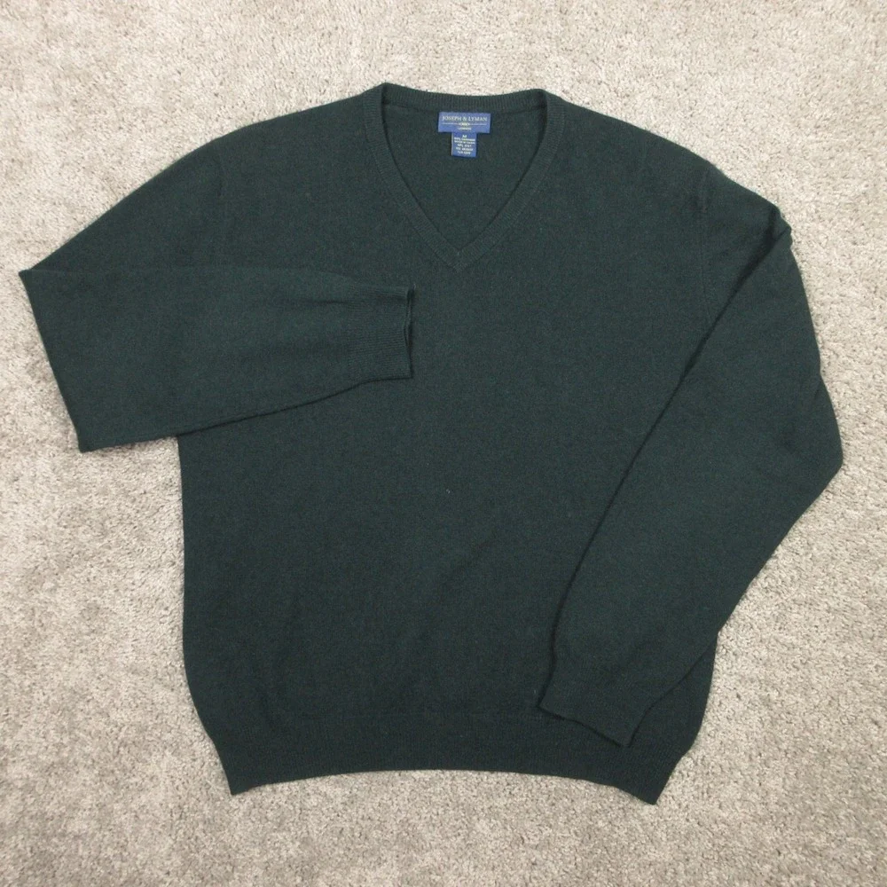 Joseph & Lyman Sweater Mens Medium Green Cashmere V-Neck Knit Pullover